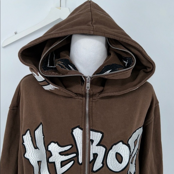 Heboz Zip Up Hoodie Brown Embroidered Graphic Mask Hood Streetwear Size M unisex - Picture 5 of 11